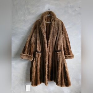 Vintage Brown Tan Tonal Open Front Midi Mouton Fur Coat XL